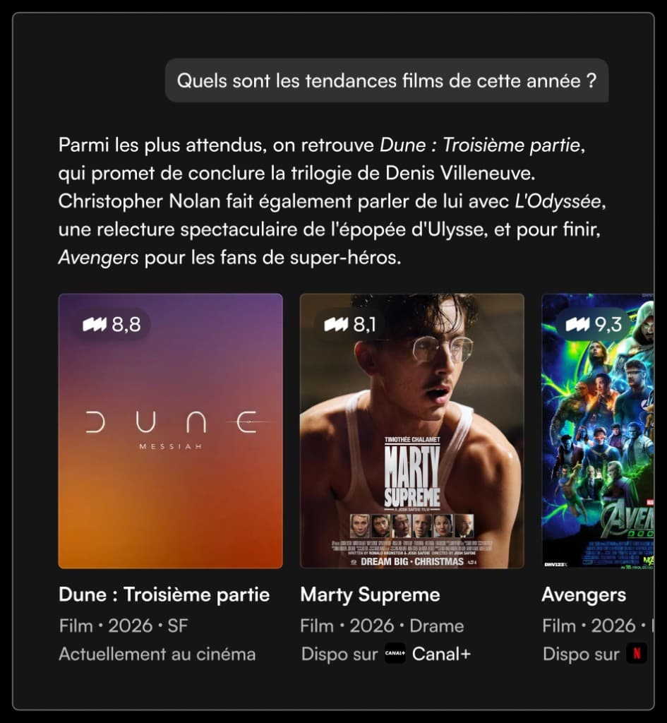 Mio assistant answering a question about movie trends with suggested films